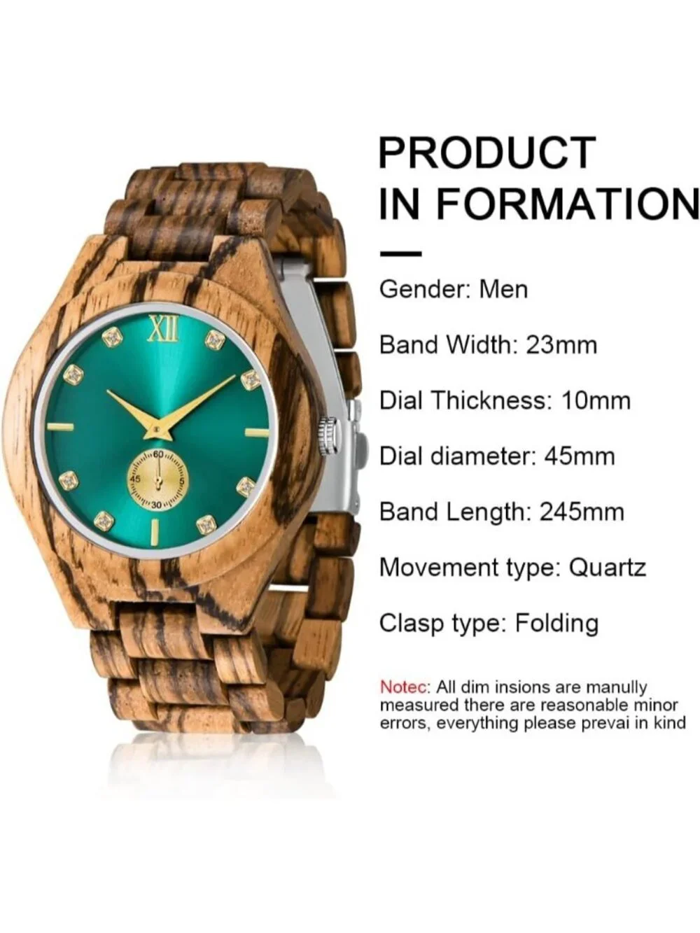 Men's Brown Green Handmade Lightweight Analog Quartz Solid Wrist Wooden Watch